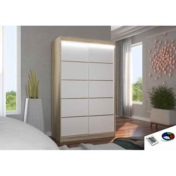 Úzká šatní skříň 120 cm s LED osvětlením JABRA - dub sonoma / bílá