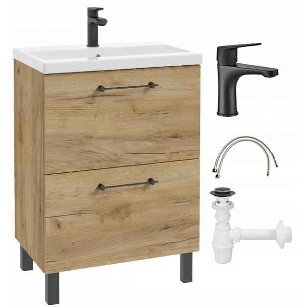 Koupelnová skříňka s umyvadlem a baterií a sifonem 50x80 cm Stojící dub Craft