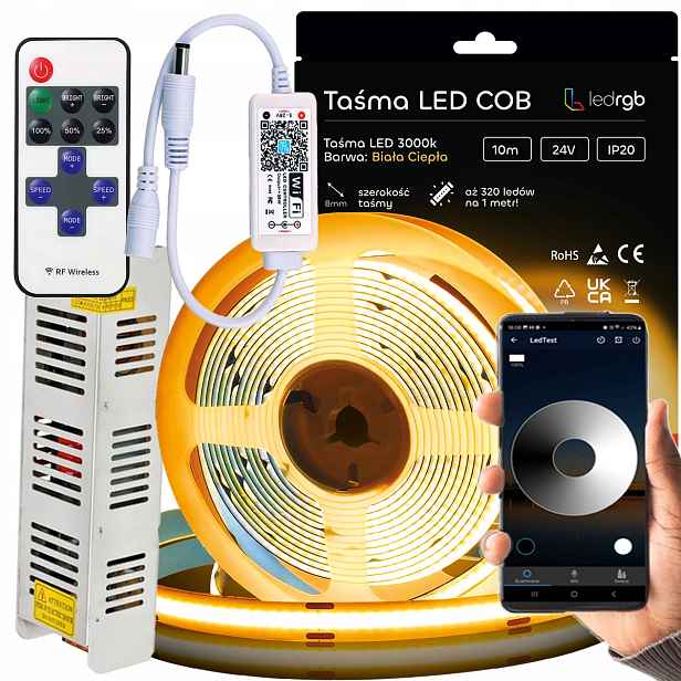 Sada Led pásků Cob 24V 10 m 3000K Bílá Teplá Napájecí Zdroj Dálkový Ovladač Wifi Apka