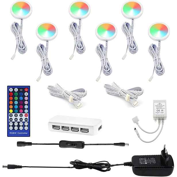 Aiboo Led Rgb 6 ks Podskříňkové lampy s dálkovým ovládáním, 16 milionů barev, stmívatelné