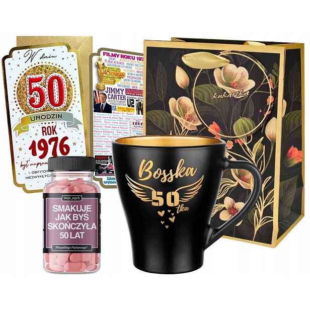 Hotový Dárkový set k 50. narozeninám pro ni Hrnek Gadget Kartka Kabelka