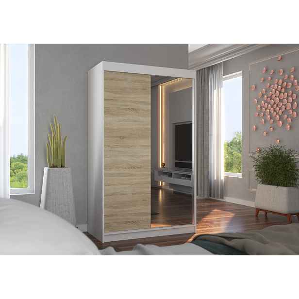 Šatní skříň s posuvnými dveřmi 120 cm EABRIA - bílá / dub sonoma