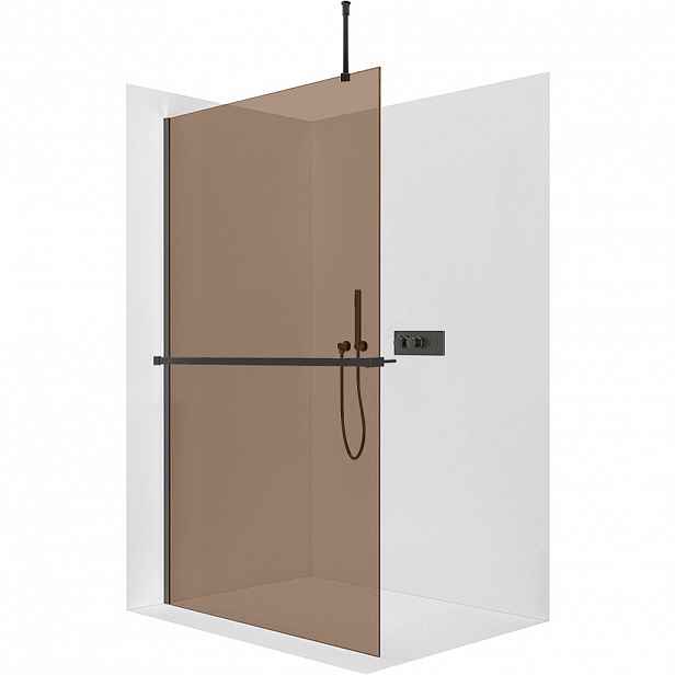 Sprchová zástěna Walk-in Onyx Top Round L/P - 8 mm - kulatá vzpěra + polička/držák na ručníky - černá matná, bronzové sklo - 130x200 cm