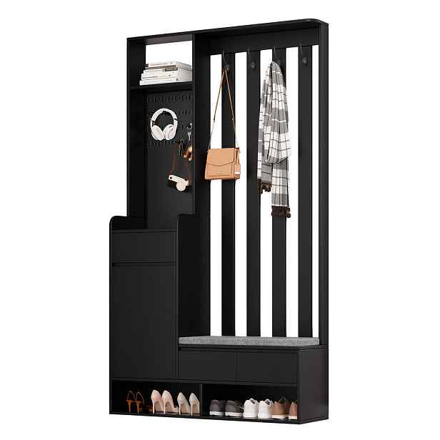 OKWISH PŘEDSÍŇOVÁ stěna 180/100/35 cm černá z MDF s lavicí a perforovanou deskou
