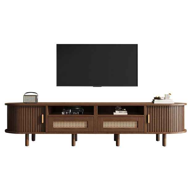 Redom TV stolek 170/40/40 cm se 2 zásuvkami a 2 posuvnými dvířky z MDF a ratanu, Tmavý dub