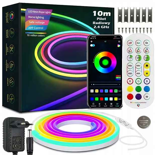 Led Pásek Neon 10M (1x10) Aplikace Bluetooth Rgb Dálkový Ovladač Rádiový 2.4GHz 24V