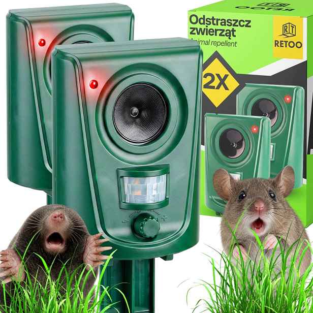 2x Ultrazvukový Odpuzovač Hlodavců Myší Kun Lišek Divokých Srnů Ptáků
