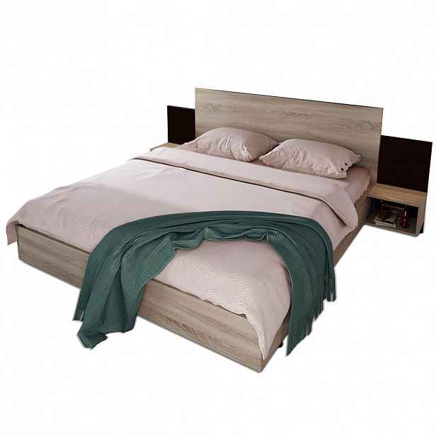 OKWISH DVOULŮŽKO 160/200 cm dub Sonoma a tmavě šedá z masivního dřeva se 2 nočními stolky