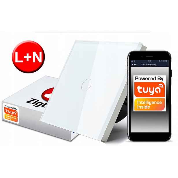 Dotykový spínač ZigBee Tuya 1obj. bílý L+n