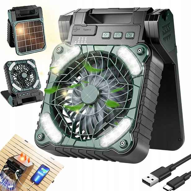 Přenosný Kempingový Ventilátor, 4 Rychlosti Solární Ventilátor S Led Diodou