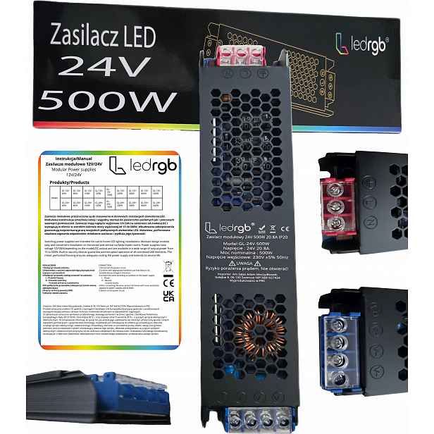 Montážní napájecí zdroj 24V 20.8A 500W Premium pro Led modulární Ac DC Slim Výkonný
