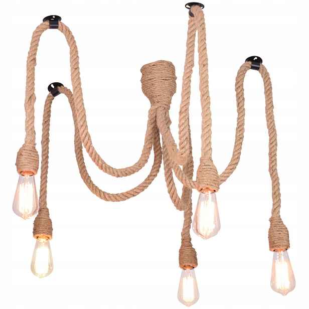 Závěsná lampa Pajíček 5xE27 rope 120 cm krémově hnědá Polux