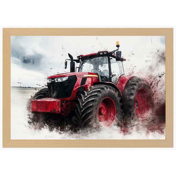 Plakát Rámeček Dřevo Červený Traktor Farma Pole Zemědělský Traktor 60x40