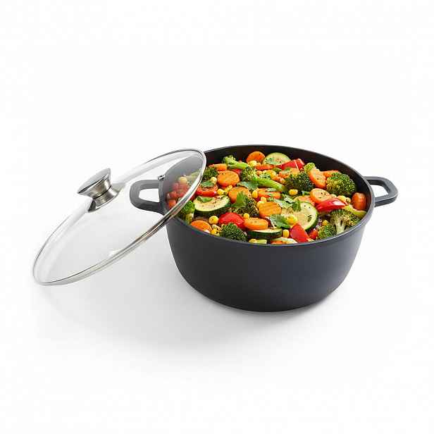 Relaxdays KASTROL Černá Stříbrná hliníkový odlitek skleněná poklice Ø 28 cm