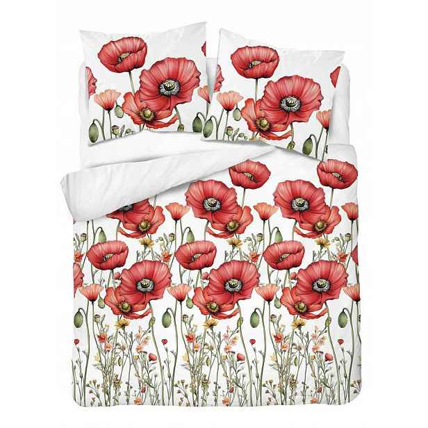 Povlečení Home Satin 220x200 bílá červená máky loukové květy