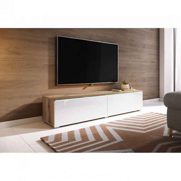Televizní skříňka s LED osvětlením 140 cm WILLA D - dub wotan / lesklá bílá