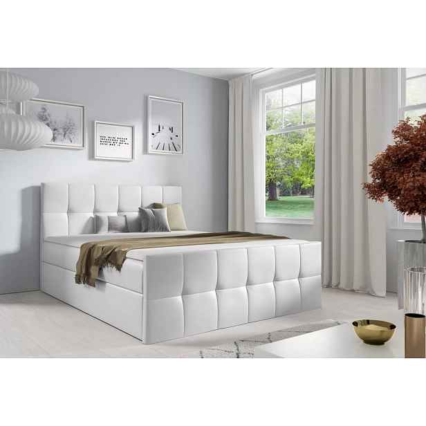 Manželská postel CHLOE - 140x220, bílá eko kůže + topper ZDARMA