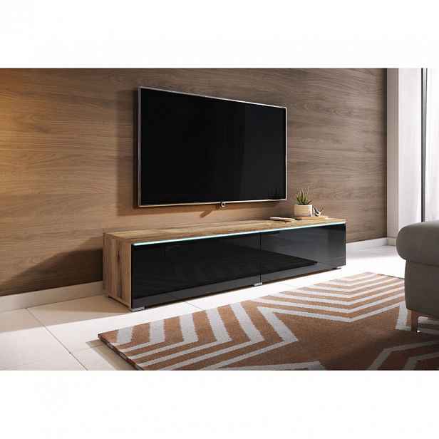 Televizní skříňka s LED osvětlením 140 cm WILLA D - dub wotan / lesklá černá
