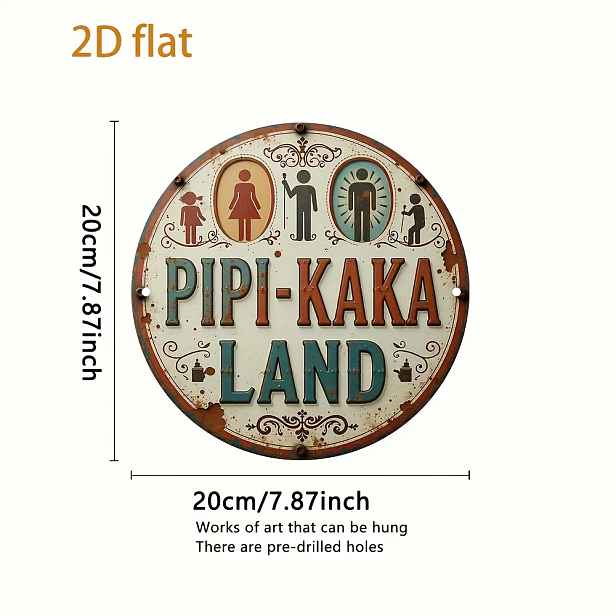 TEMU 2D Plochá, 1ks 2D Plochý Tisk Kovová Železná Cedule [2D Plochá] 1ks Vintage "PIPI-KAKA LAND" Kulatá Kovová Cedule - 19,81cm Nástěnné Umění se