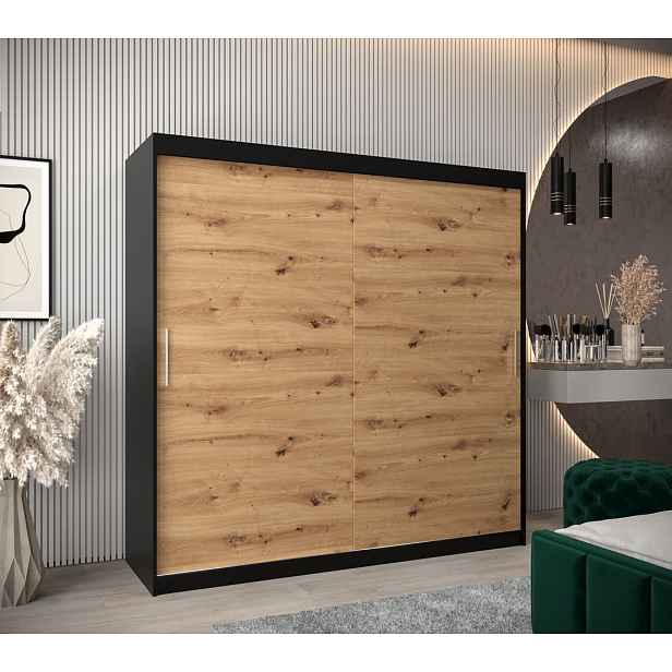 Skříň s posuvnými dveřmi v šířce 200 cm TIMEA - černá / dub artisan