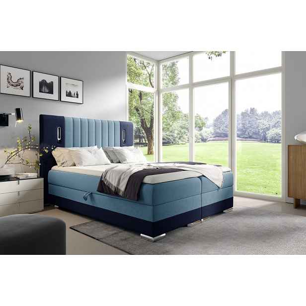 Manželská postel 180x200 DELIA s LED osvětlením - světle modrá / tmavě modrá + topper ZDARMA