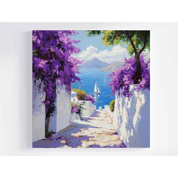 Obraz Na Plátně Canvas Řecko Santorini Ulička Moře Květiny Pohled 50x50
