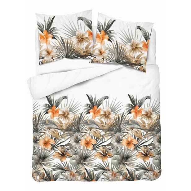 Povlečení 220x200 Bílá s oranžovými květy a palmami