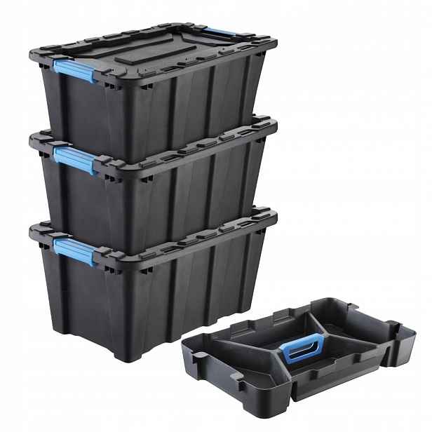 Set: 3× Velký Plastový Kontejner s Víkem Techbox 40 l Třídicí Vložka