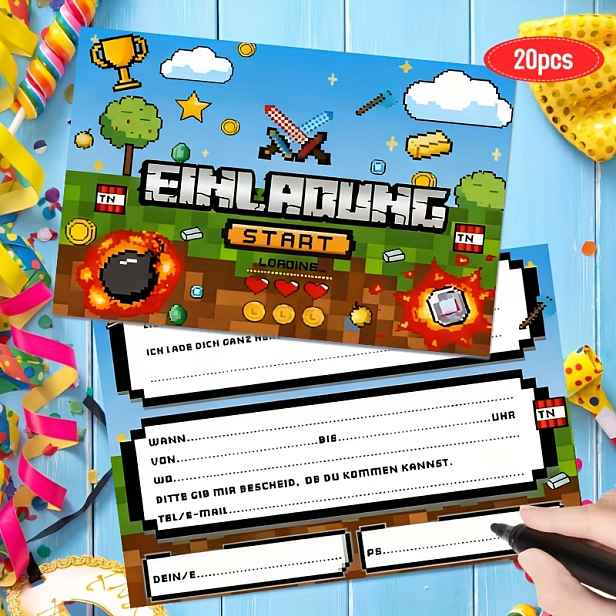 TEMU 20 ks Pozvánky na narozeninovou oslavu EINLADUNG START - Pixel Art téma s designem "EINLADUNG START", obsahuje RSVP a seznam dárků, barevné