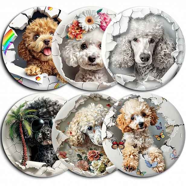 TEMU 6 ks 2D dřevěných roztomilých podtácků s plemennou značkou poodle, sada 3 podtácků s designem poodle na zeď s prasklinami, barevné a stylové