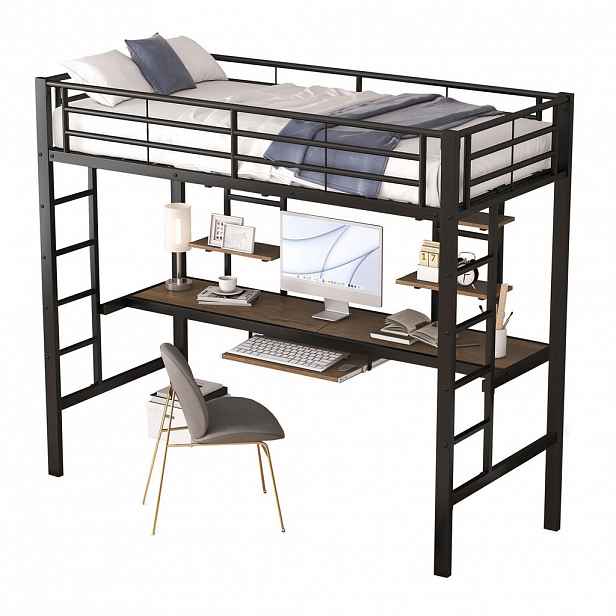 CHICFURN VYVÝŠENÁ POSTEL 90/200 cm v černé barvě se stolem a 2 policemi