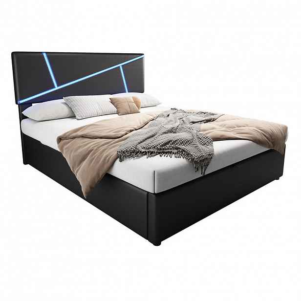 OKWISH ČALOUNĚNÁ postel 140/200 cm černá z PU s LED osvětlením a úložným prostorem