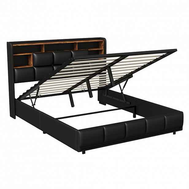 SHOPENTRA ČALOUNĚNÁ postel 160x200 cm Černá PU LED USB Bedbox
