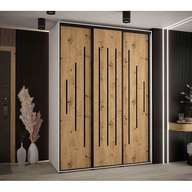 Šatní skříň YVONA 12 - 170/60 cm, bílá / dub artisan / černá