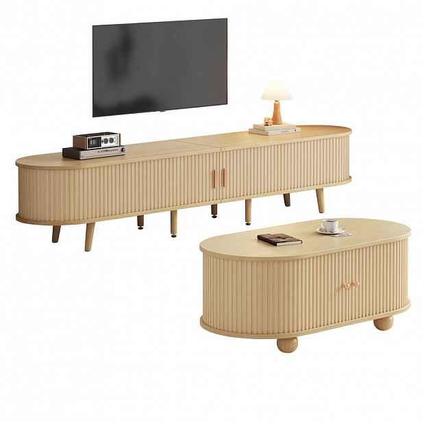 STILVORA OBÝVACÍ SET v přírodní barvě se zásuvkami a teleskopickými dvířky do obýváku, 175×40×42 cm