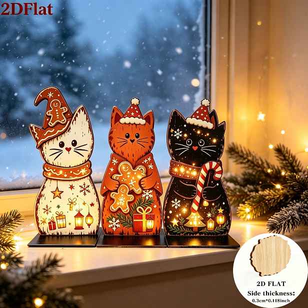 TEMU 2D Plochá sada 3 ks retro ozdob perníkových koček vhodná pro vánoční a zimní dekorace - Umělá stolní dekorace s perníkovými kočkami, cukrovými