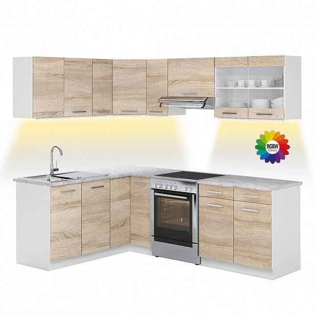 Vicco ROHOVÁ KUCHYŇSKÁ LINKA R-Line, Sonoma/Bílá, 227 x 167 cm s pracovní deskou s páskem LED