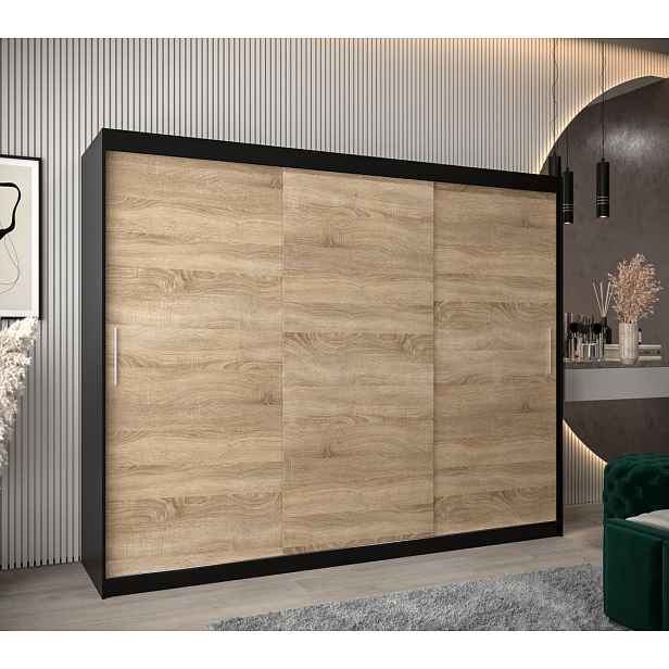 Skříň s posuvnými dveřmi v šířce 250 cm TIMEA - černá / dub sonoma