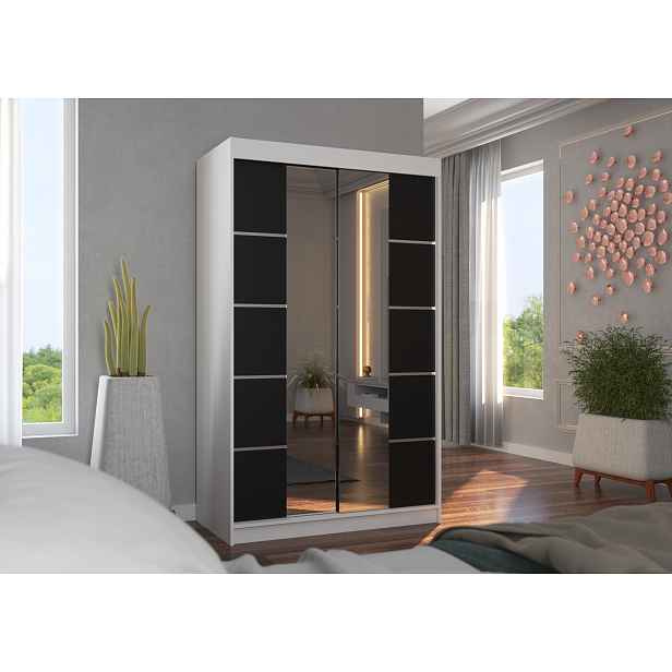 Šatní skříň se zrcadlem 120 cm FABRA - bílá / černá