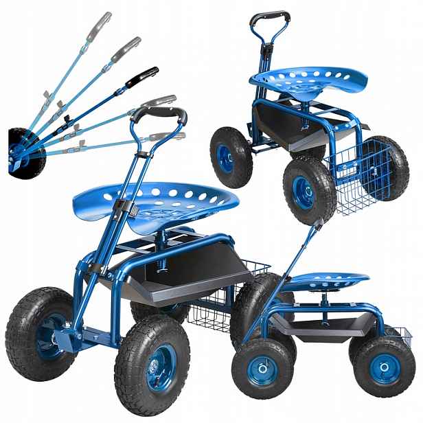 RealG RC-K-2338 Zahradní vozík se sedátkem a košíkem na nářadí, otočný 360°