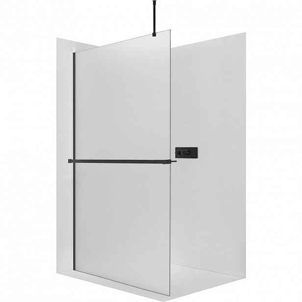 Sprchová zástěna Walk-in Onyx Top Round L/P - 8 mm - kulatá vzpěra + polička/držák na ručníky - černá matná, mléčné sklo - 30x200 cm
