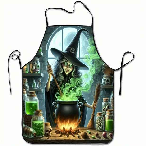 TEMU 1ks Čarodějův polyesterový zástěra s halloweenským potiskem smíšeného lektvaru, kuchyňská zástěra na pečení, domácí halloweenská dekorace,