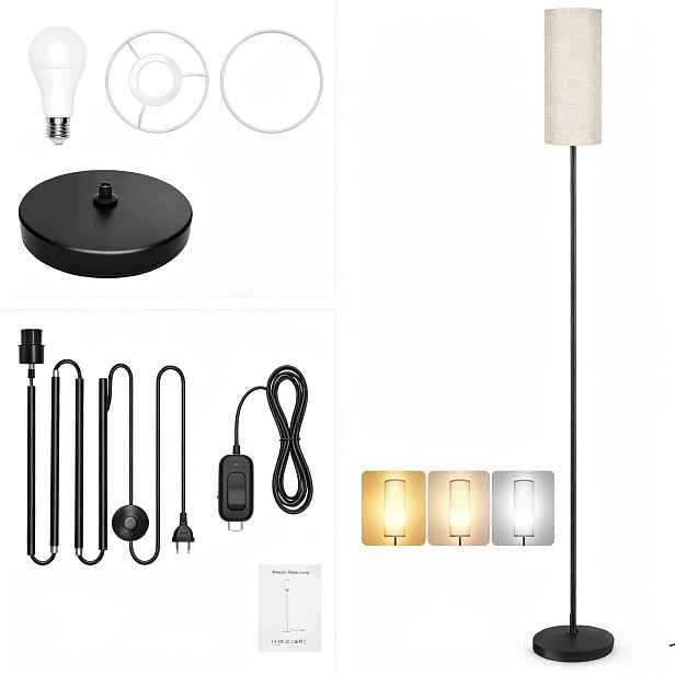 Stojací Lampa Podlahová Lampa S Žárovkou E27 Noční Lampa Lněné Stínidlo