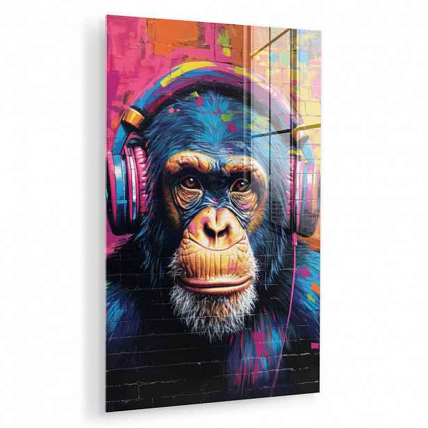 MuchoWow OBRAZ NA AKRYLOVÉM SKLE Graffiti - Šimpanz - Street art - Sluchátka - Opice 40x60 cm