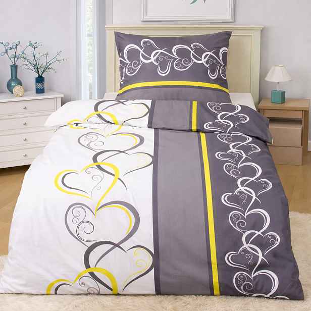TOP Bavlněné povlečení Deluxe 140x200+70x90 Srdce žluto-zelená