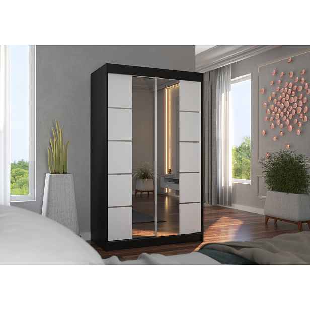 Šatní skříň se zrcadlem 120 cm FABRA - černá / bílá