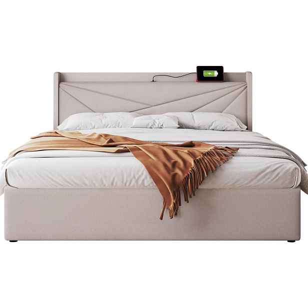 STILVORA ČALOUNĚNÁ POSTEL 160 × 200 cm, béžová látka, úložný prostor, USB, Type-C a geometrické čelo