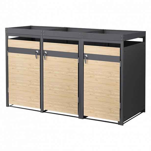 ML-DESIGN SADA 3 popelnic s rostlinnou střechou, antracitová barva s dřevěným vzhledem