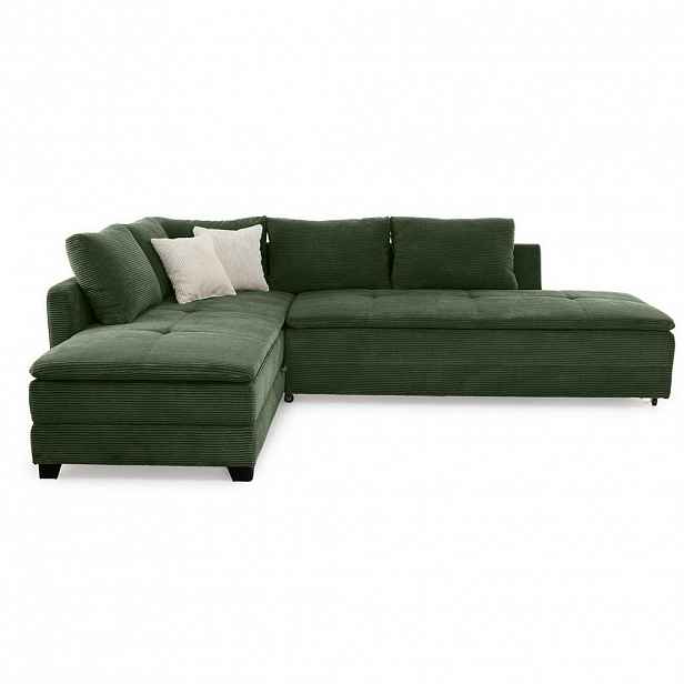 luma-home ROHOVÁ POHOVKA – PRO DLOUHODOBÉ SPÁNÍ: Dvoulůžko s boxspringem, pružinovou matrací a topperem, 306 × 223 × 95 cm (Š×H×V), zelený kord / 1516
