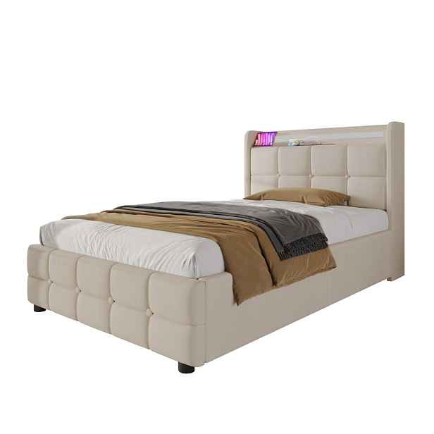 Modfu ČALOUNĚNÁ postel ze dřeva 90x200 cm béžová s lněným potahem, LED osvětlením, USB a 2 zásuvkami